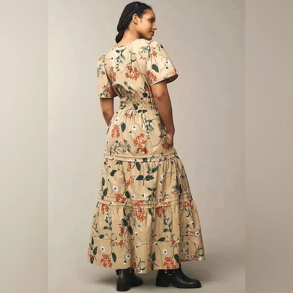 Anthropologie The Somerset Maxi Dress Cotton Tiered Size Small Khaki Floral - Picture 2 of 12